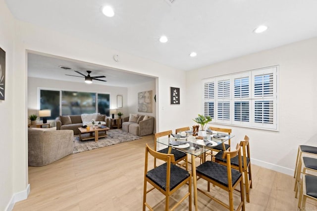 dining space with light wood-style floors, recessed lighting, ceiling fan, and baseboards