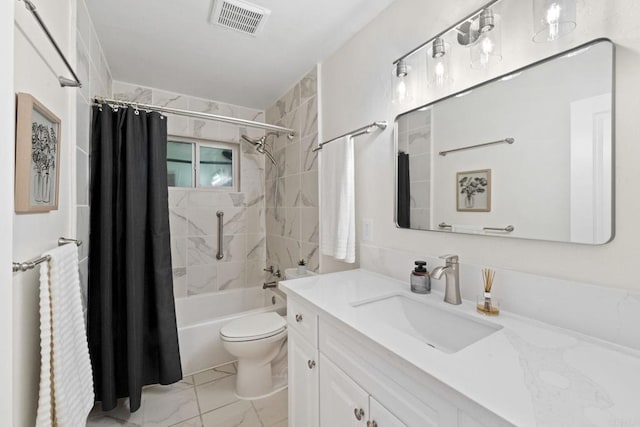 full bathroom with visible vents, toilet, marble finish floor, shower / bathtub combination with curtain, and vanity