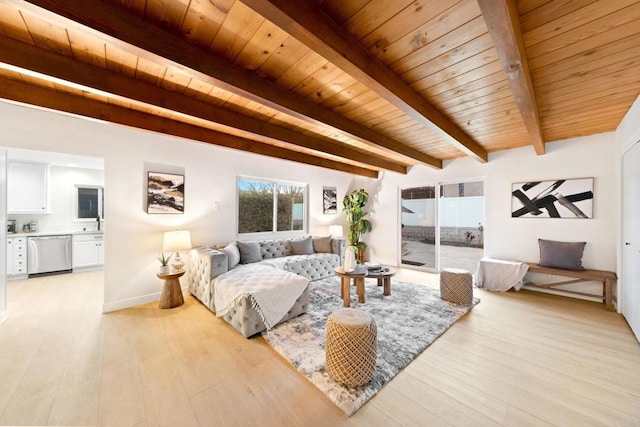 living room featuring beam ceiling, wooden ceiling, light wood-style flooring, and baseboards