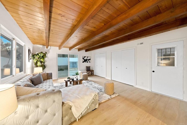 interior space featuring wood ceiling, beam ceiling, visible vents, and wood finished floors