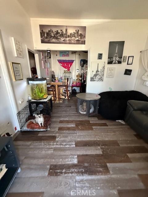 living room featuring dark wood-type flooring