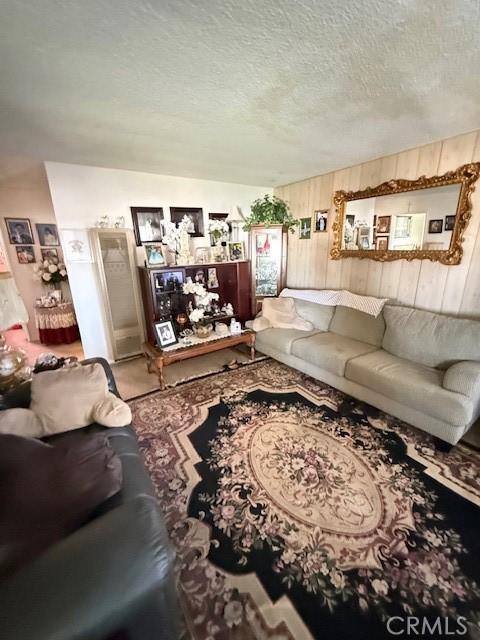 living room featuring a textured ceiling and wood walls