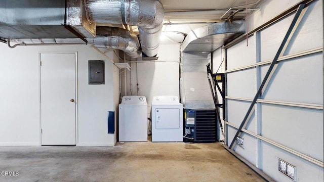 interior space with washing machine and clothes dryer and electric panel