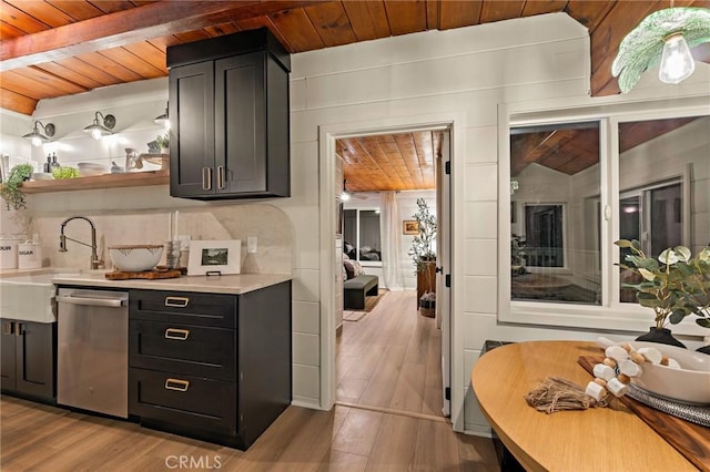 kitchen with backsplash, stainless steel dishwasher, wood ceiling, a sink, and light wood-type flooring