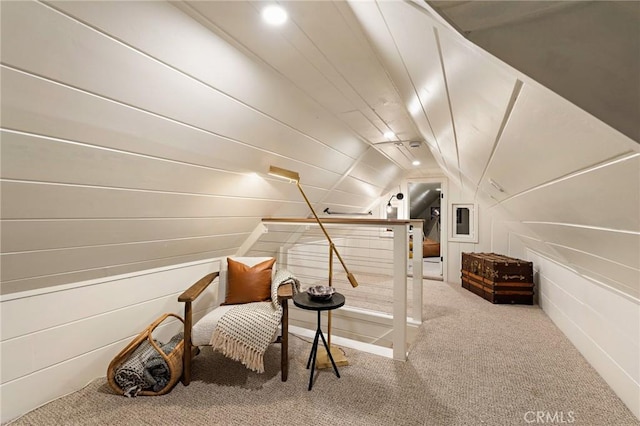 additional living space featuring vaulted ceiling, wood walls, and carpet flooring