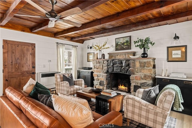 1149 Scenic Way, Rimforest, CA 92378 - living area with wood ceiling, beamed ceiling, heating unit, a fireplace, and a ceiling fan