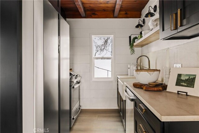 1149 Scenic Way, Rimforest, CA 92378 - kitchen with open shelves, appliances with stainless steel finishes, light wood-style flooring, wood ceiling, and beamed ceiling