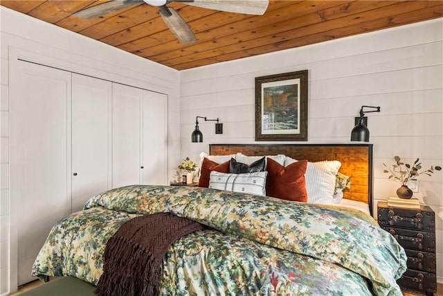 1149 Scenic Way, Rimforest, CA 92378 - bedroom with a closet, wood ceiling, and a ceiling fan