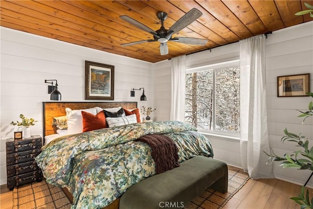 1149 Scenic Way, Rimforest, CA 92378 - bedroom with wooden ceiling, wood finished floors, wood walls, and a ceiling fan