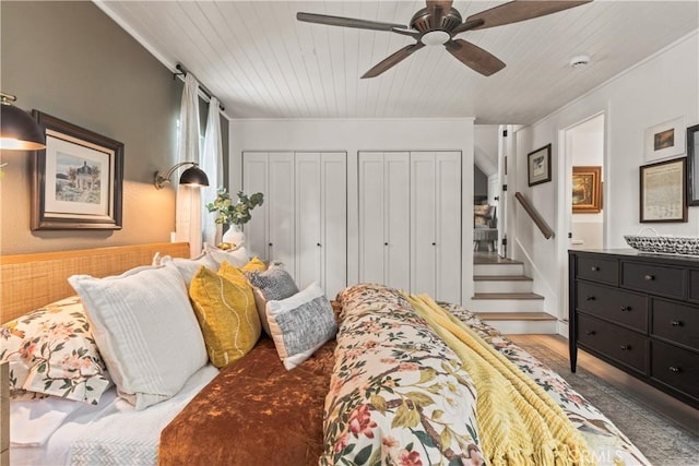 1149 Scenic Way, Rimforest, CA 92378 - bedroom with wooden ceiling, ornamental molding, ceiling fan, wood finished floors, and multiple closets