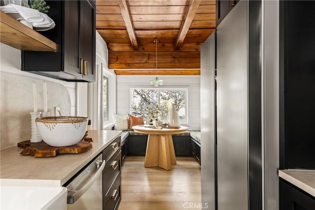1149 Scenic Way, Rimforest, CA 92378 - kitchen with light wood finished floors, wood ceiling, open shelves, beam ceiling, and stainless steel appliances