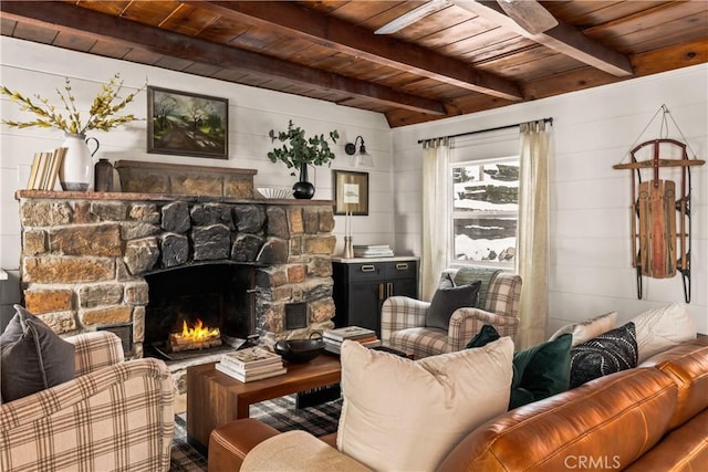 1149 Scenic Way, Rimforest, CA 92378 - sitting room featuring wooden ceiling, a fireplace, and beam ceiling