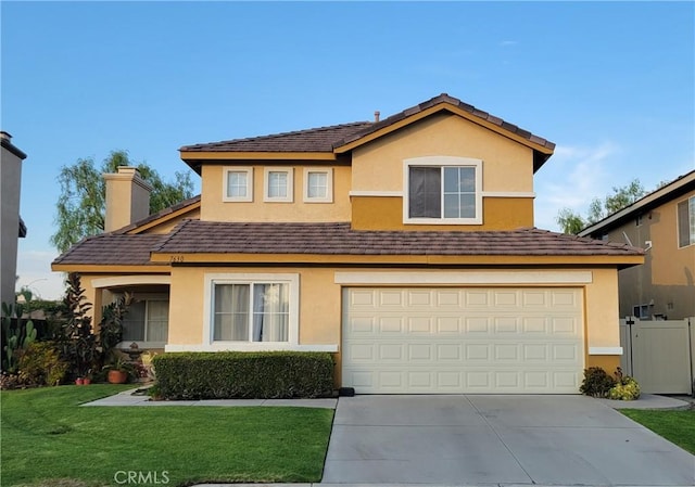 traditional home with concrete driveway, a chimney, fence, a front lawn, and stucco siding