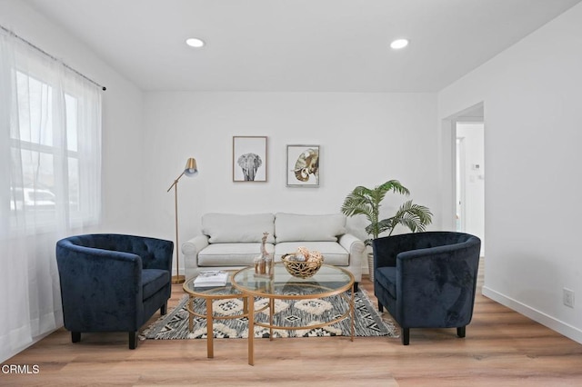 living room with baseboards, wood finished floors, and recessed lighting