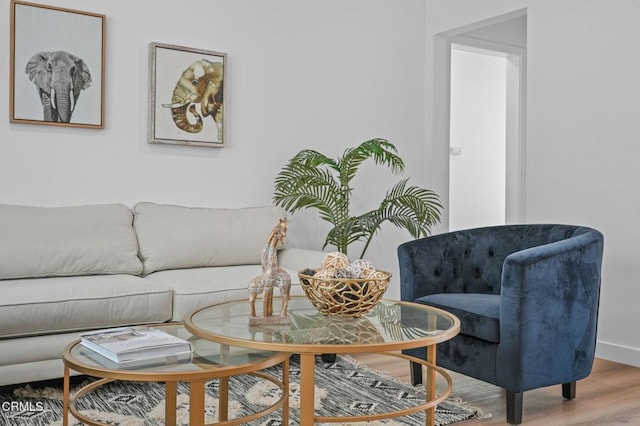 living area with baseboards and wood finished floors