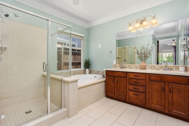 bathroom with double vanity, a bath, crown molding, a shower stall, and a sink