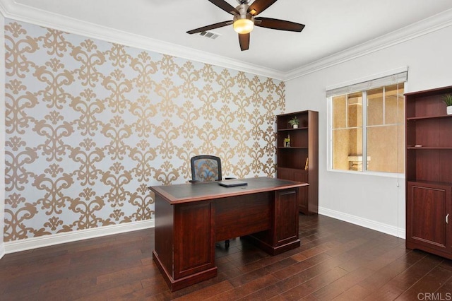 home office featuring visible vents, dark wood finished floors, baseboards, and wallpapered walls