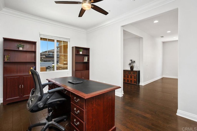 office space featuring ceiling fan, ornamental molding, dark wood finished floors, and baseboards