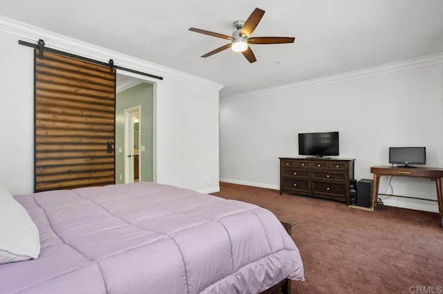 bedroom with crown molding, a barn door, a ceiling fan, carpet flooring, and baseboards