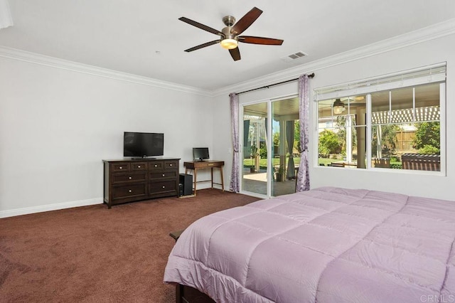 bedroom featuring access to exterior, dark colored carpet, and crown molding