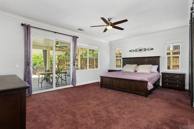 bedroom with access to outside, ornamental molding, dark colored carpet, and visible vents