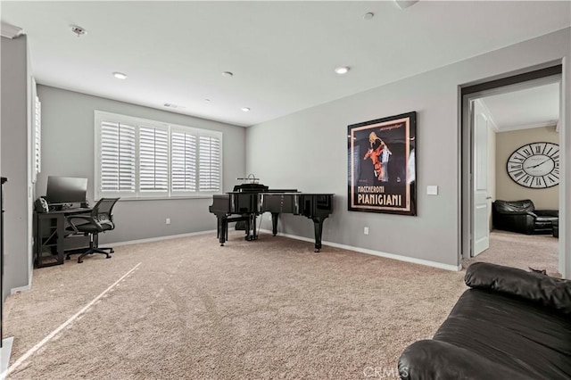 office area featuring light carpet, recessed lighting, and baseboards