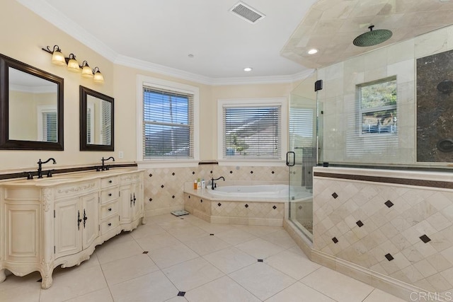 bathroom featuring ornamental molding, tile patterned flooring, a sink, and visible vents