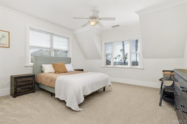 bedroom featuring light carpet, multiple windows, baseboards, and crown molding