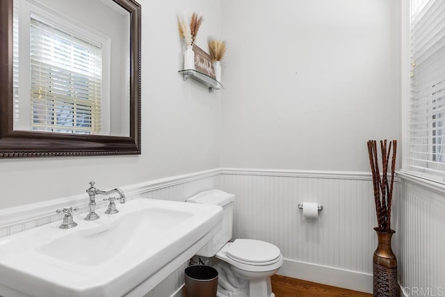 half bath with toilet, a wainscoted wall, a sink, and wood finished floors