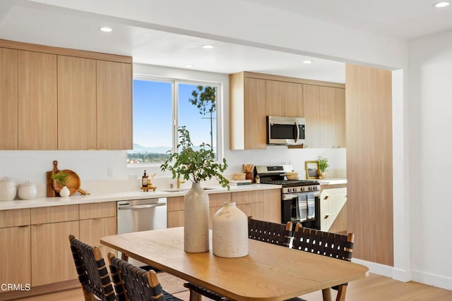 kitchen with light countertops, appliances with stainless steel finishes, modern cabinets, and light brown cabinets