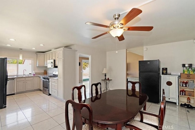 dining space with recessed lighting, ceiling fan, and light tile patterned floors