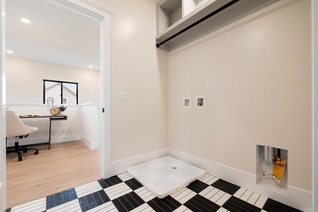 clothes washing area with laundry area, hookup for a washing machine, baseboards, and recessed lighting