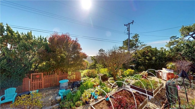 view of yard featuring fence and a garden