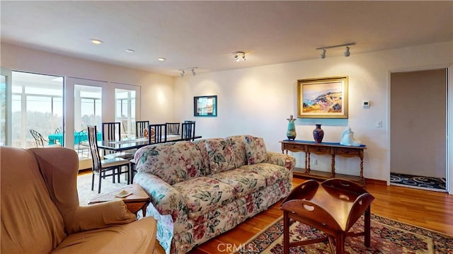 living room featuring wood finished floors, rail lighting, and recessed lighting