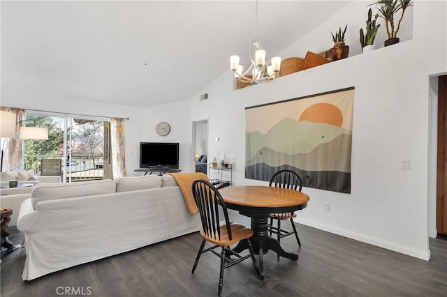 dining area with high vaulted ceiling, an inviting chandelier, visible vents, and dark wood-style flooring