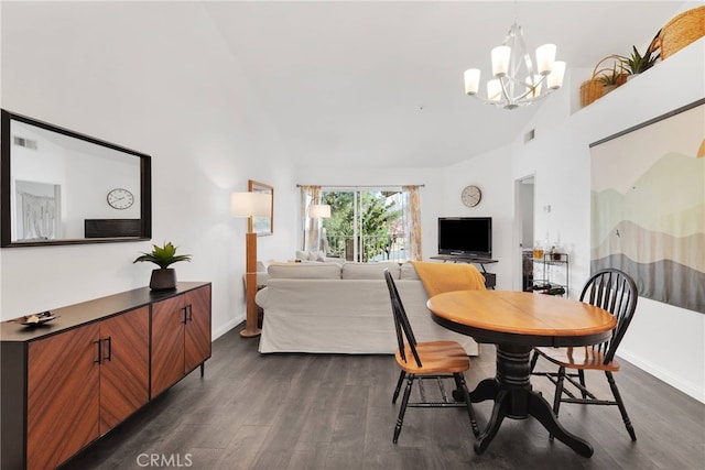 dining space featuring vaulted ceiling, dark wood-type flooring, visible vents, and an inviting chandelier