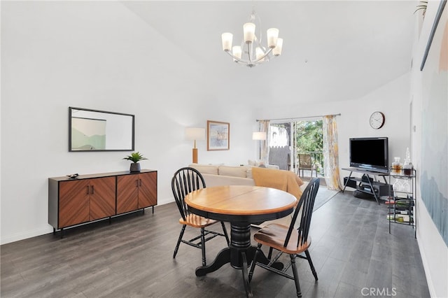 dining area featuring a notable chandelier, baseboards, and dark wood-style flooring