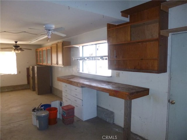 kitchen with ceiling fan and open shelves