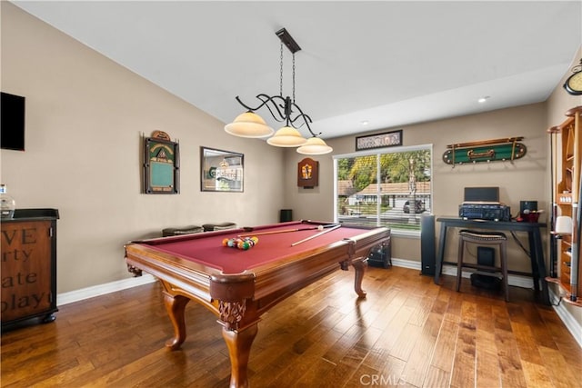 rec room with wood-type flooring, pool table, and baseboards