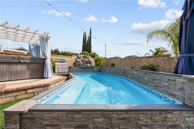 view of swimming pool with a fenced in pool, a fenced backyard, a hot tub, and a pergola