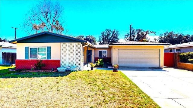 ranch-style home featuring a front lawn, driveway, fence, an attached garage, and brick siding