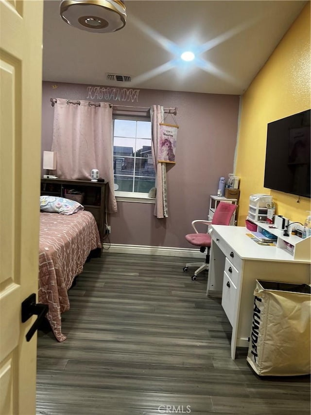 bedroom with recessed lighting, visible vents, dark wood finished floors, and baseboards