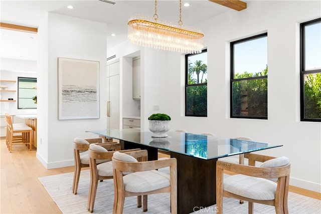 4435 Katherine Ave, Sherman Oaks, CA 91423 - dining space with baseboards, a chandelier, light wood-style floors, and recessed lighting