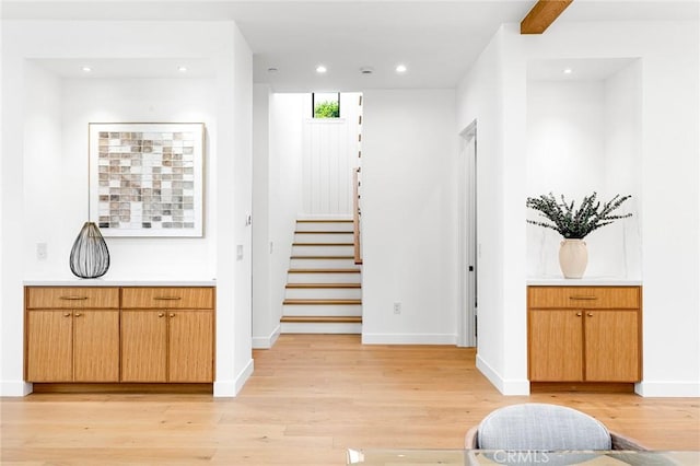4435 Katherine Ave, Sherman Oaks, CA 91423 - corridor featuring baseboards, recessed lighting, stairs, and light wood-type flooring