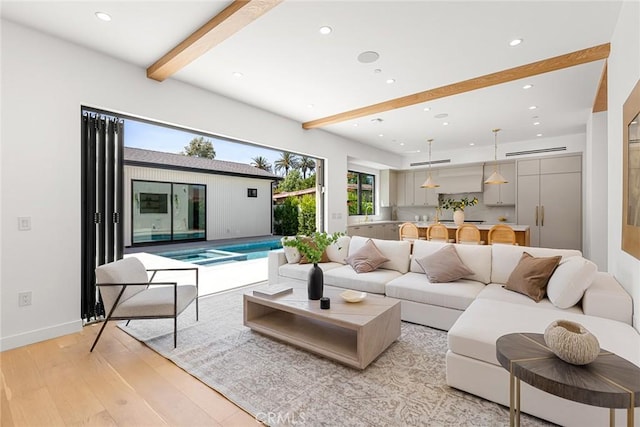 4435 Katherine Ave, Sherman Oaks, CA 91423 - living area featuring beamed ceiling, light wood finished floors, baseboards, and recessed lighting