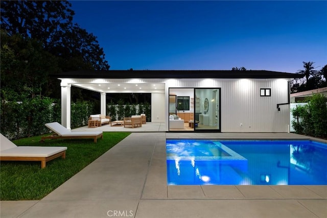 4435 Katherine Ave, Sherman Oaks, CA 91423 - back of property featuring outdoor lounge area, a storage structure, an outdoor structure, a patio, and a pool with connected hot tub
