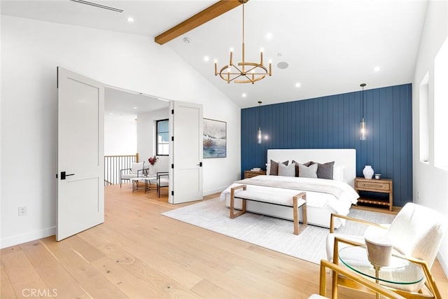 4435 Katherine Ave, Sherman Oaks, CA 91423 - bedroom featuring an accent wall, light wood-style floors, vaulted ceiling with beams, an inviting chandelier, and baseboards