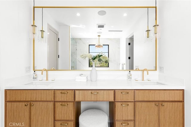 4435 Katherine Ave, Sherman Oaks, CA 91423 - full bathroom with a marble finish shower, visible vents, a sink, and double vanity