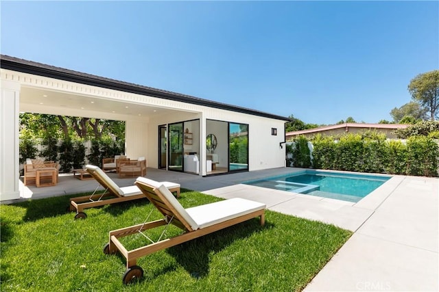 4435 Katherine Ave, Sherman Oaks, CA 91423 - view of pool with a lawn, a patio area, a fenced in pool, and outdoor lounge area