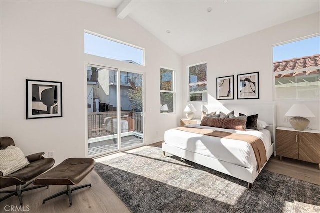 bedroom featuring high vaulted ceiling, access to outside, beamed ceiling, and wood finished floors